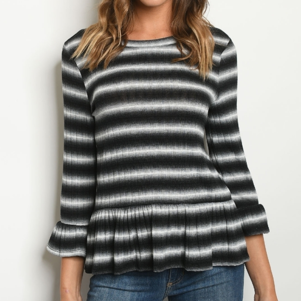 Striped Babydoll Peplum Top Black Gray 3/4 Sleeve Fit Flare Blouse S NWT - Picture 4 of 8